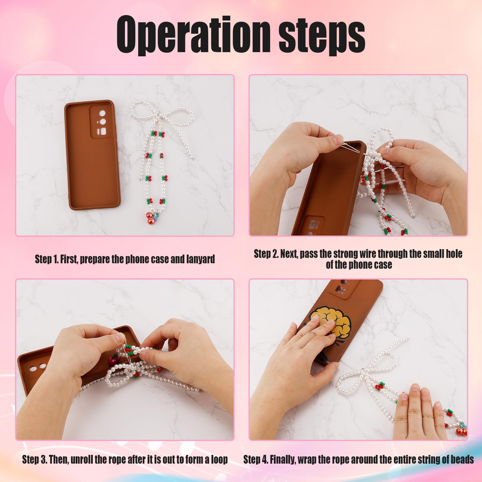Pasek do Telefonu Cherry Phone Charm, Pasek na Nadgarstek Phone Charm Koralikowy Smycz do Telefonu Pasek na Nadgarstek Phone Lanyard Bransoletka dla Kobiet Phone Keyring Charm