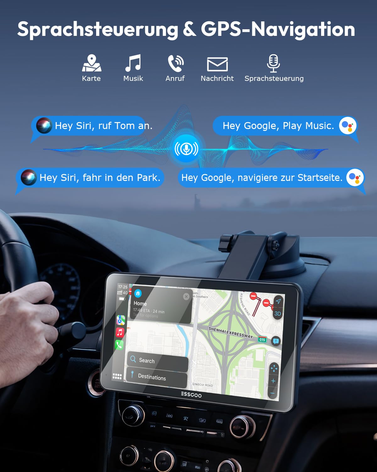 ESSGOO Carplay Android Auto Display mit Rückfahrkamera,7 Zoll Carplay Bildschirm für Apple/Android Auto/AirPlay/Mirror Link,Wireless Touchscreen GPS Navigation,mit Bluetooth5.3,AUX,FM,Sprachassistent