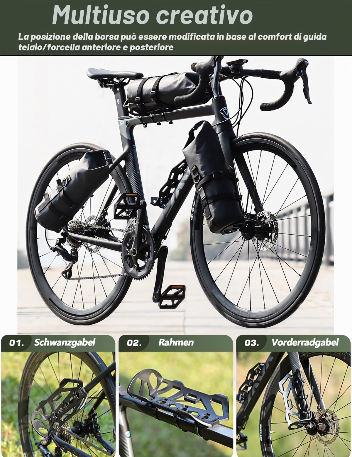2 set di borse per bicicletta, 4 L + 4 L, con supporto versatile, 100% impermeabile, compatibile con mountain bike e bici da strada