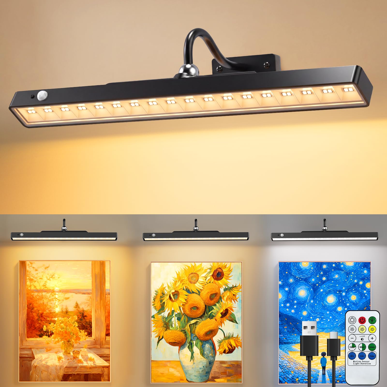 40cm Bilderleuchte für die Wand Wiederaufladbare kabellose Bilderleuchte mit Bewegungssensor, magnetische Gemäldeleuchte mit Dimmfunktion und 3 Farbwechseln für Dartboard-Rahmen Spiegel 6000mah Akku