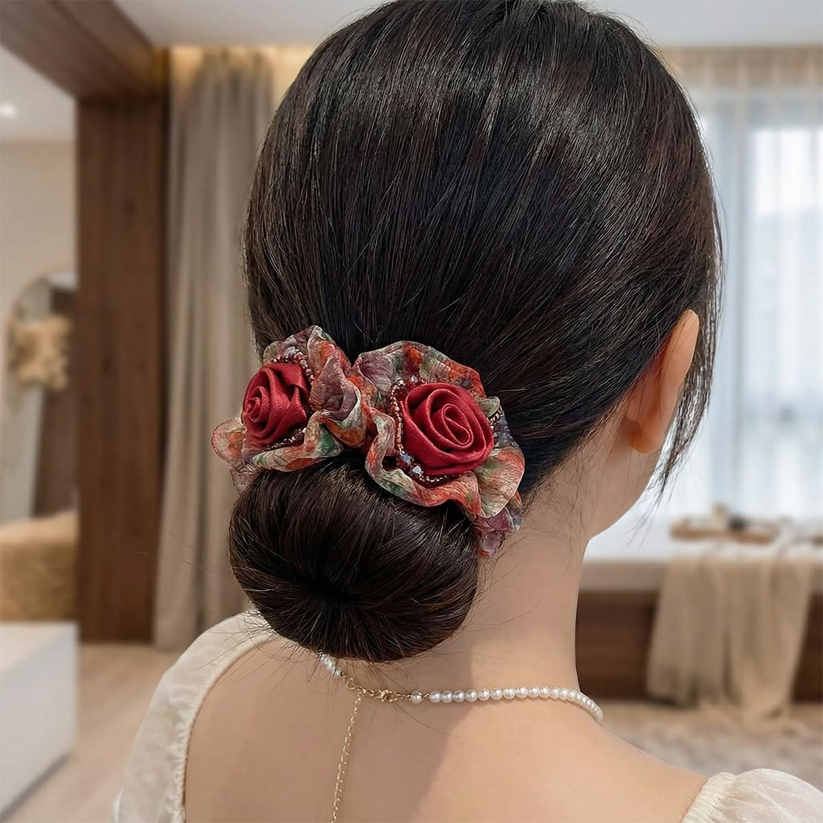 4 Pcs Floral Hair Scrunchies - Vintage Oil Painting Rose Flower Hair Ties, Elegant Polka Dot Mesh Scrunchies for Women Girls, Strong Elastic Hair Bands for Bun Hairstyles, Daily Wear & Party
