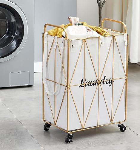 Miniatura 8 de Mxfurhawa Cesta de lavandería plegable con ruedas, capacidad de 65 litros y forro extraíble, marco de metal resistente para almacenamiento y