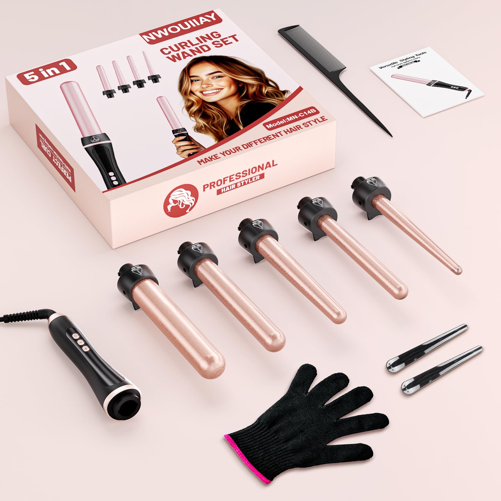 5 en 1 Fer à Friser Professionnel Chauffage Rapide Fer à Boucler Céramique avec Températures Réglable de 80-230 ℃ LCD Écran et Interchangeable 9-32 mm pour Créer de Grosses Vagues