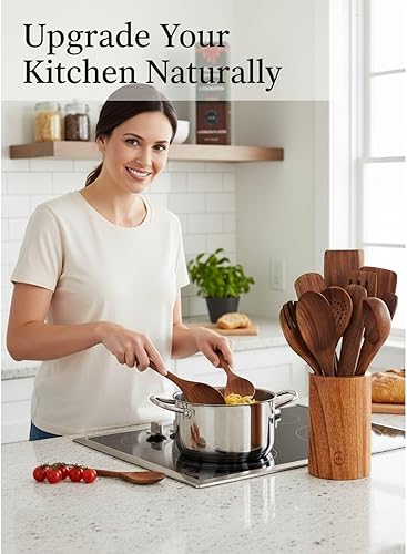 Miniatura 5 de Juego de utensilios de cocina de madera de teca 100% natural, 12 herramientas de cocina con soporte para cuchara grande y reposo, antiadherente