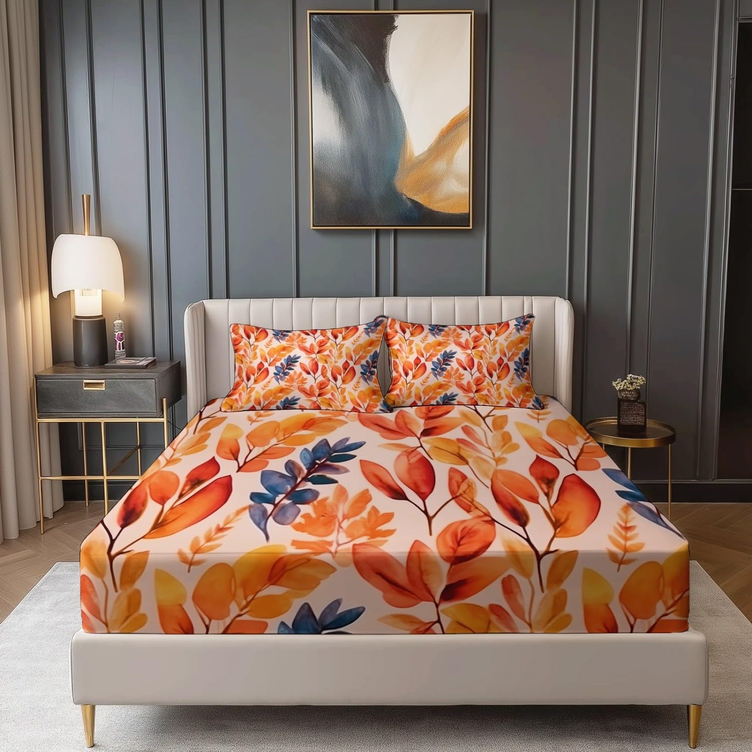 Drap Housse Bohème Aquarelle Feuilles d'automne Imprimer, 140 x 190 cm Résistance à la Déchirure Drap-Housse avec Poche 30 cm de Profondeur, Couleur Orange Ensembles de literie pour Dortoirs Hôtels