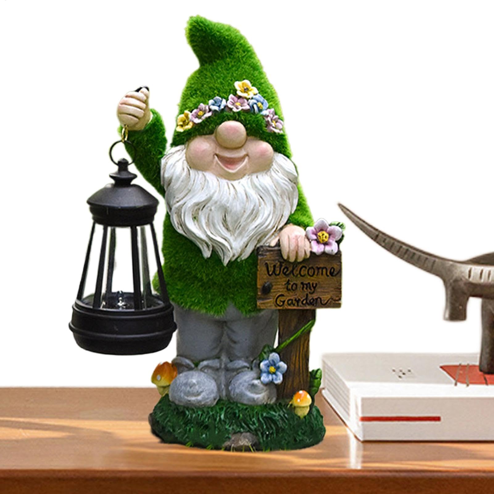 Gnomo da giardino a energia solare, grazioso gnomo da giardino con lanterna, luci paesaggistiche, statue esterne per Natale, festa della mamma, San