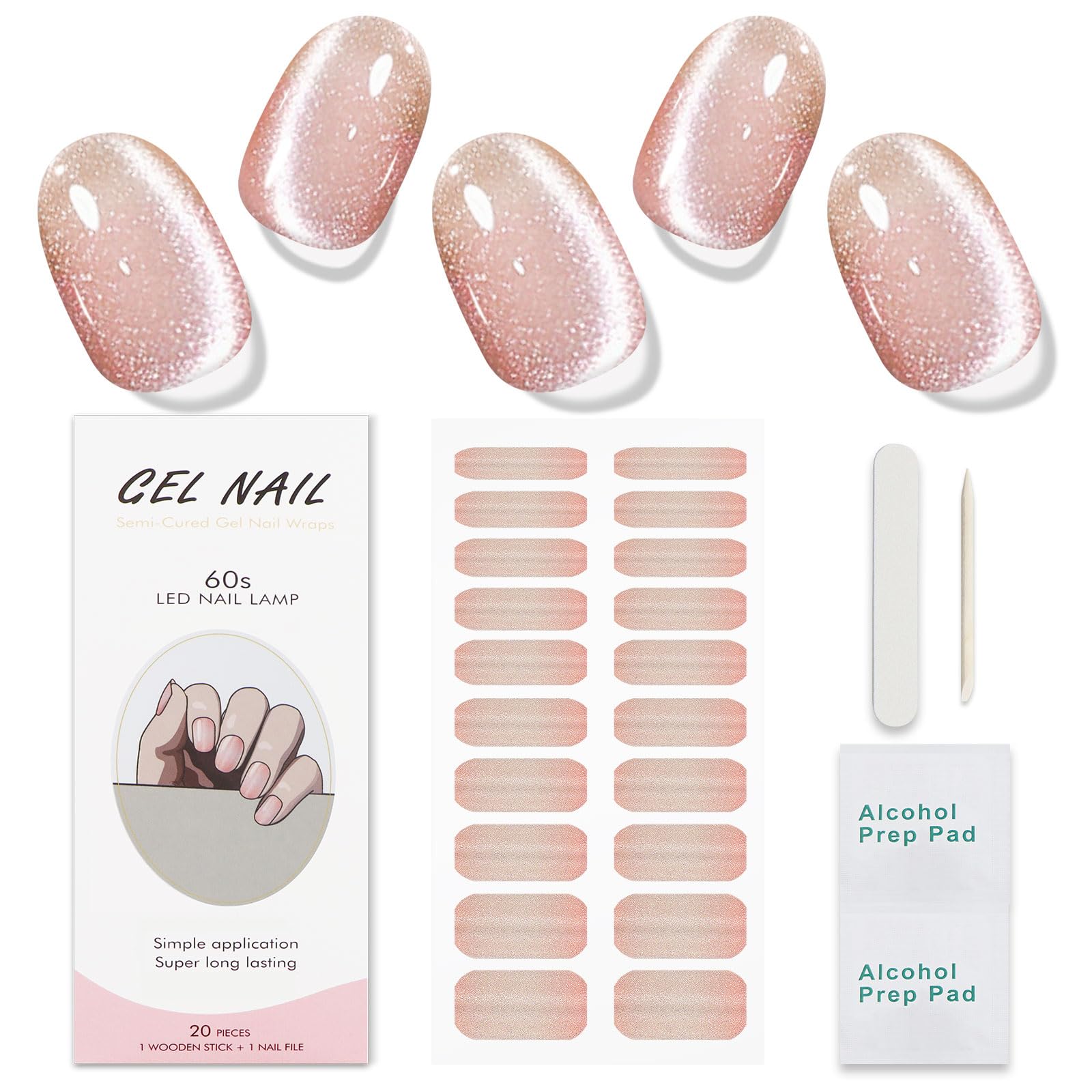 JMEOWIO Gel Nail Stickers Cat Eye Rose Gold Semi Cured Gel Nail Strips Wraps UV/LED Nails Art Design Decoration Accessories - Image 2