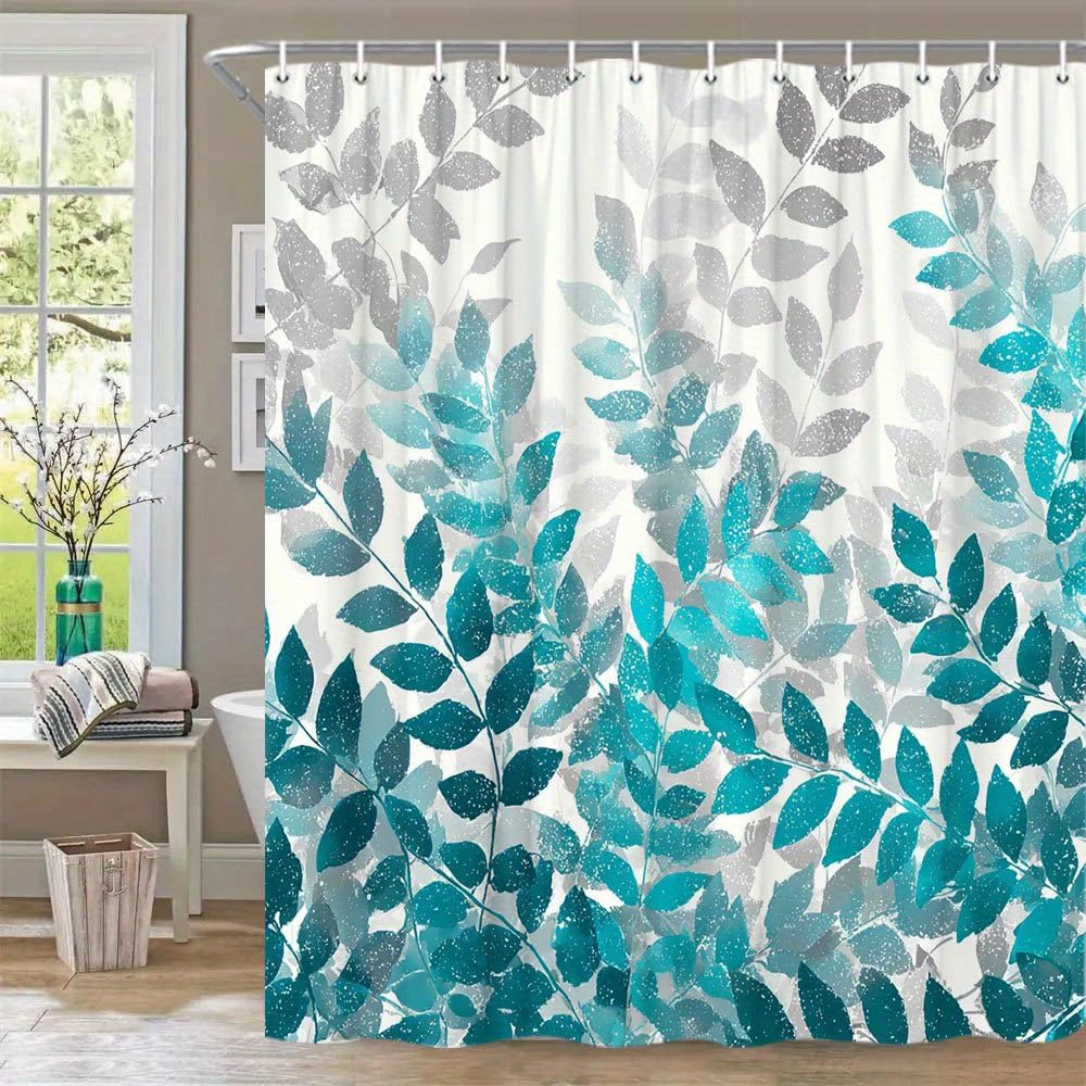 Cortina de Ducha Extra Larga con diseño botánico Moderno en Tonos Turquesa y Blanco Degradado,Hojas y Gris. Tejido de poliéster Lavable a máquina con 12 Ganchos (175 x 220 cm).