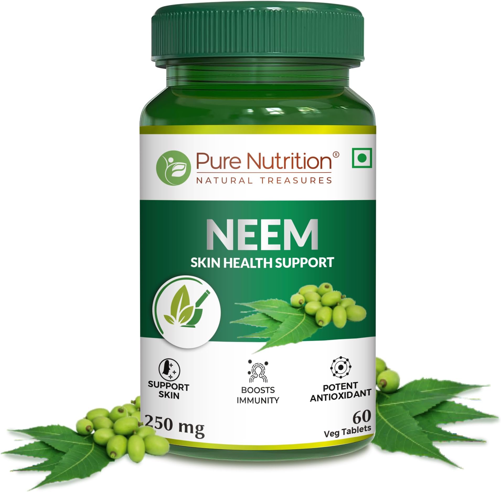 Pure Nutrition Neem 60 Veg Tablets | Natural Blood Purifier, Removes Toxins, Controls Acne & Pimples | Improves Skin Health | Supports Digestive & LIver Wellness, Detox | Boosts Immunity & Metabolism