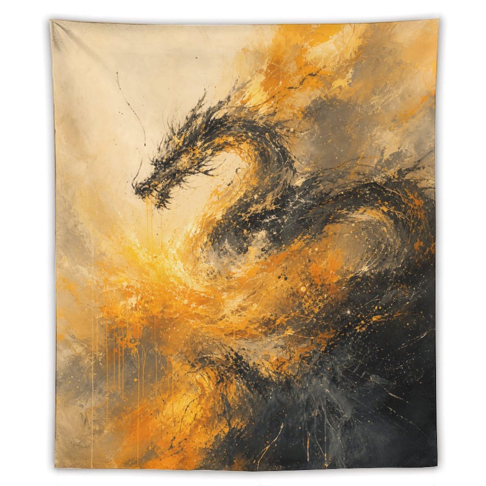 W7C8U2X3 Black Dragon Flame Wall Tapestry, Fantasy Illustration, Dorm Room