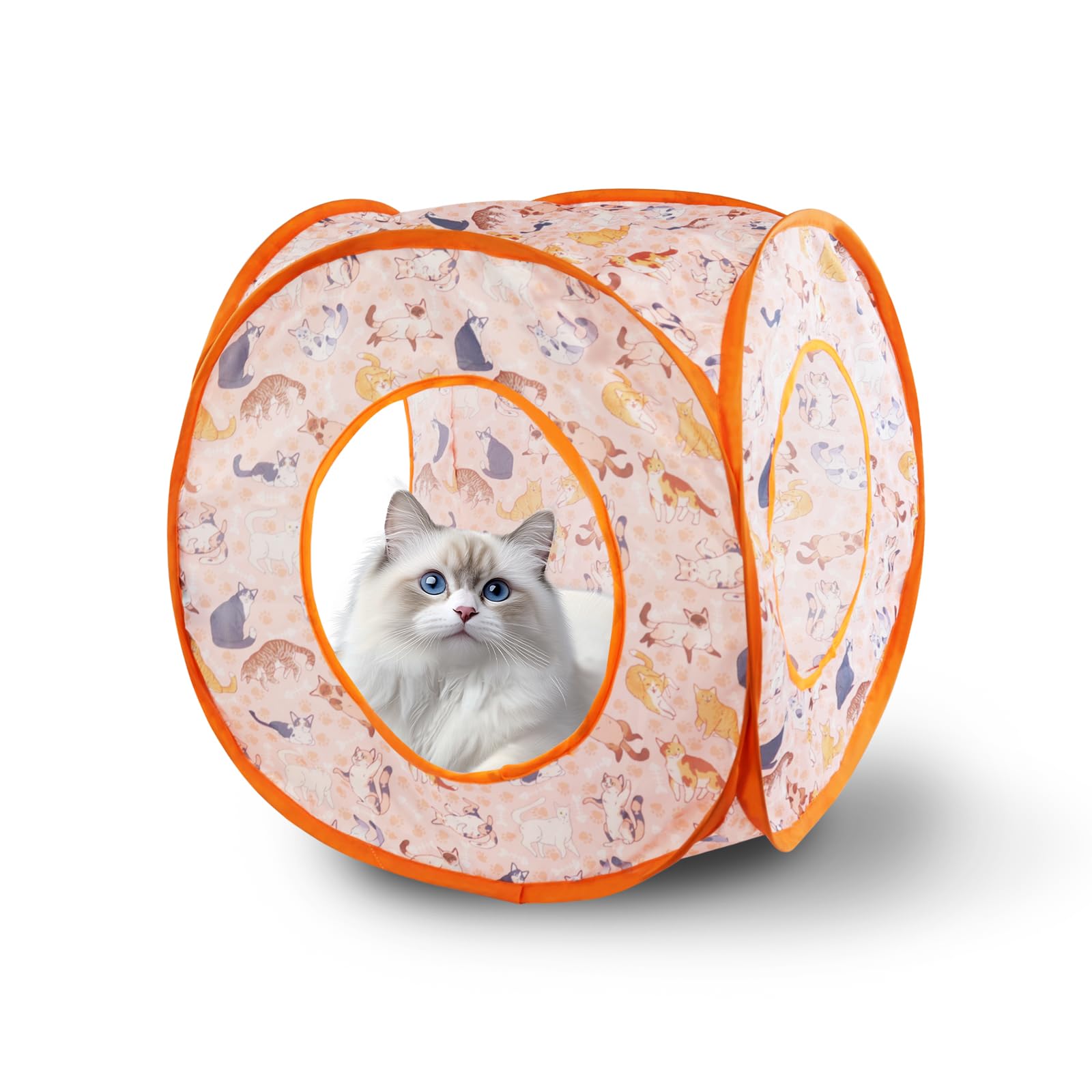 Andiker Cat Pop Up Tent, 3 Holes Safe and Strong Cute Cat Tunnel Collapsible Easy to Carry Cat House for Indoor Cats Kittens Hiding Playing Training (Orange Square)