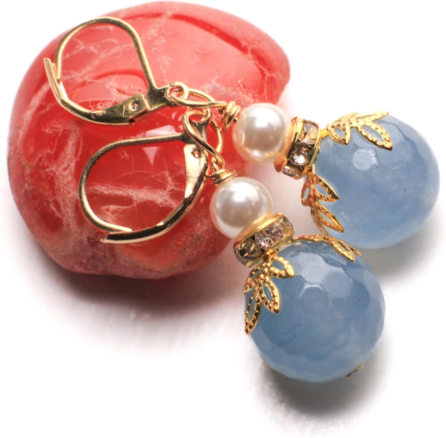 Blue Chalcedony 14mm Faceted Round with White South Seashell Pearl Hammered Gold Leaf Cap Leverback Earrings, Minimalist Gold Jewelry