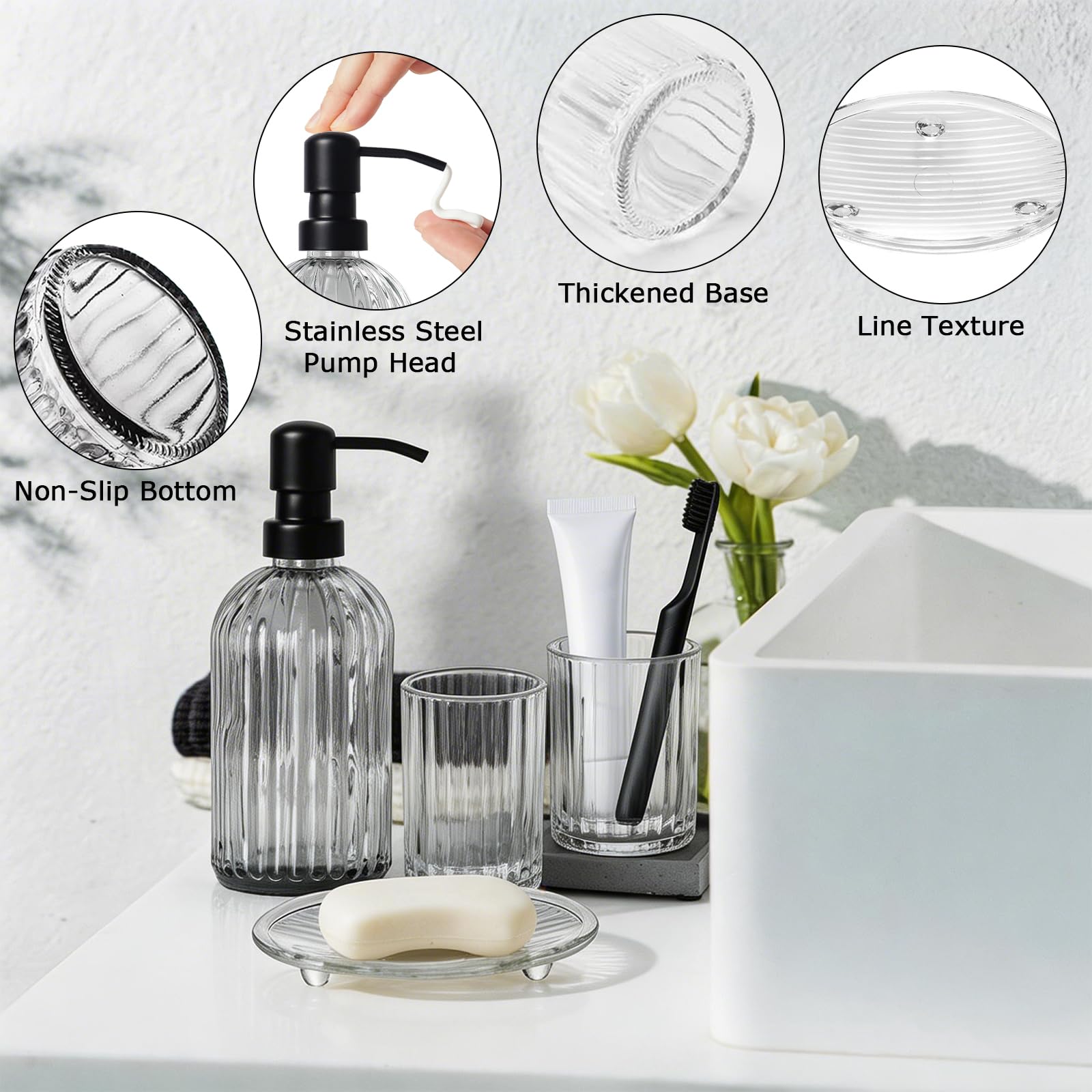 Set di 4 accessori da bagno, accessori da bagno in vetro trasparente, dispenser per sapone, porta spazzolino, tazza e portasapone, set decorativo per bagno, lavandino