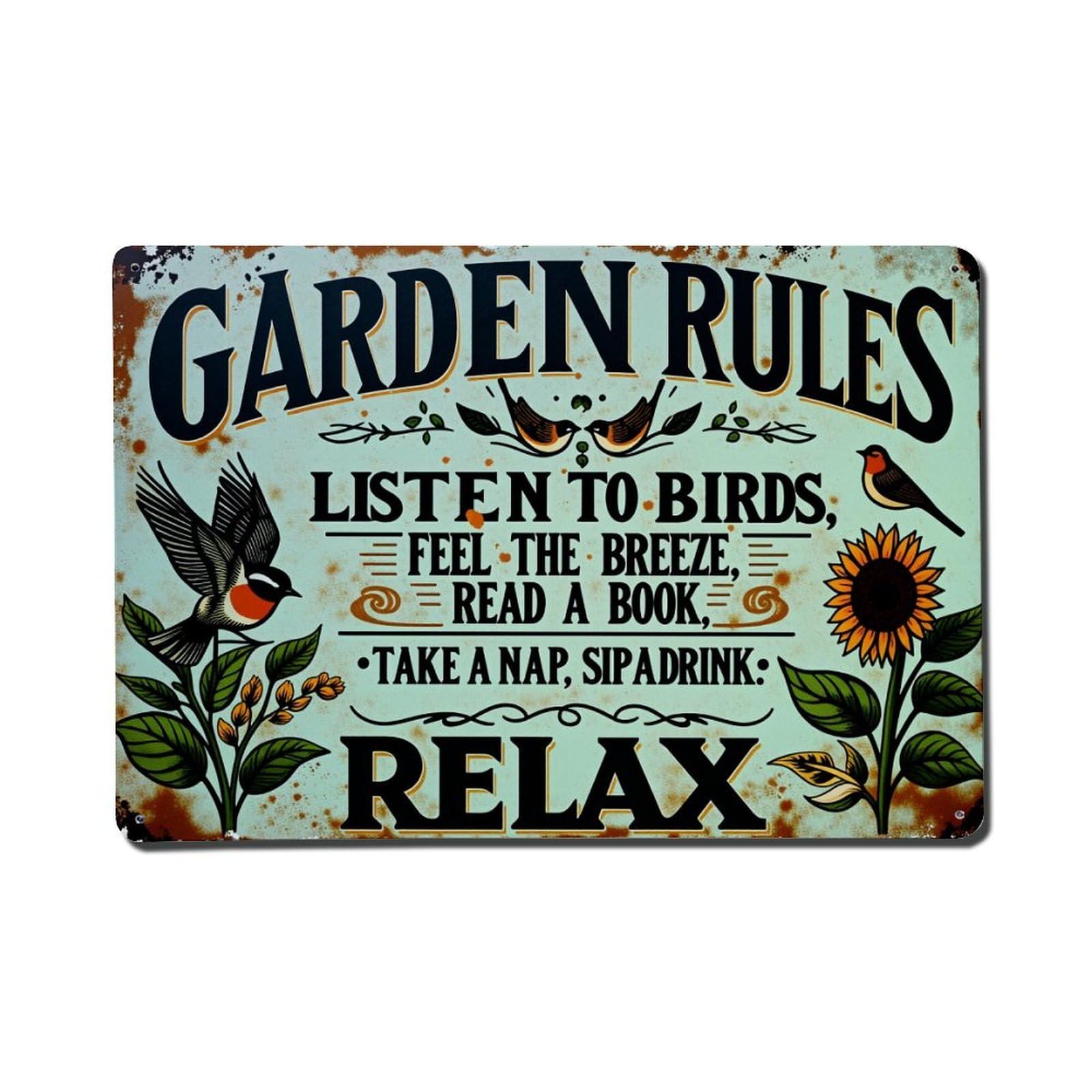 Garden Rules Listen To Birds Feel The Breeze Vintage Tin Sign Retro Metal Wall Decor Metal Poster, Home Bar Garage Man Cave Cafe Indoor & Outdoor Decoration 8x12Inches