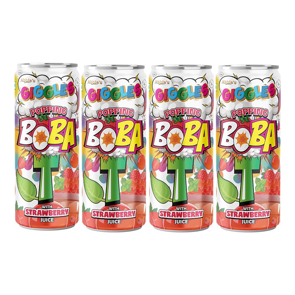 Abbie's Giggles Popping Boba T Juice Drink with Multiflavors - Mango, Strawberry, Peach, Lychee 320 ml Pack of 1 each, Ready to Serve Beverages