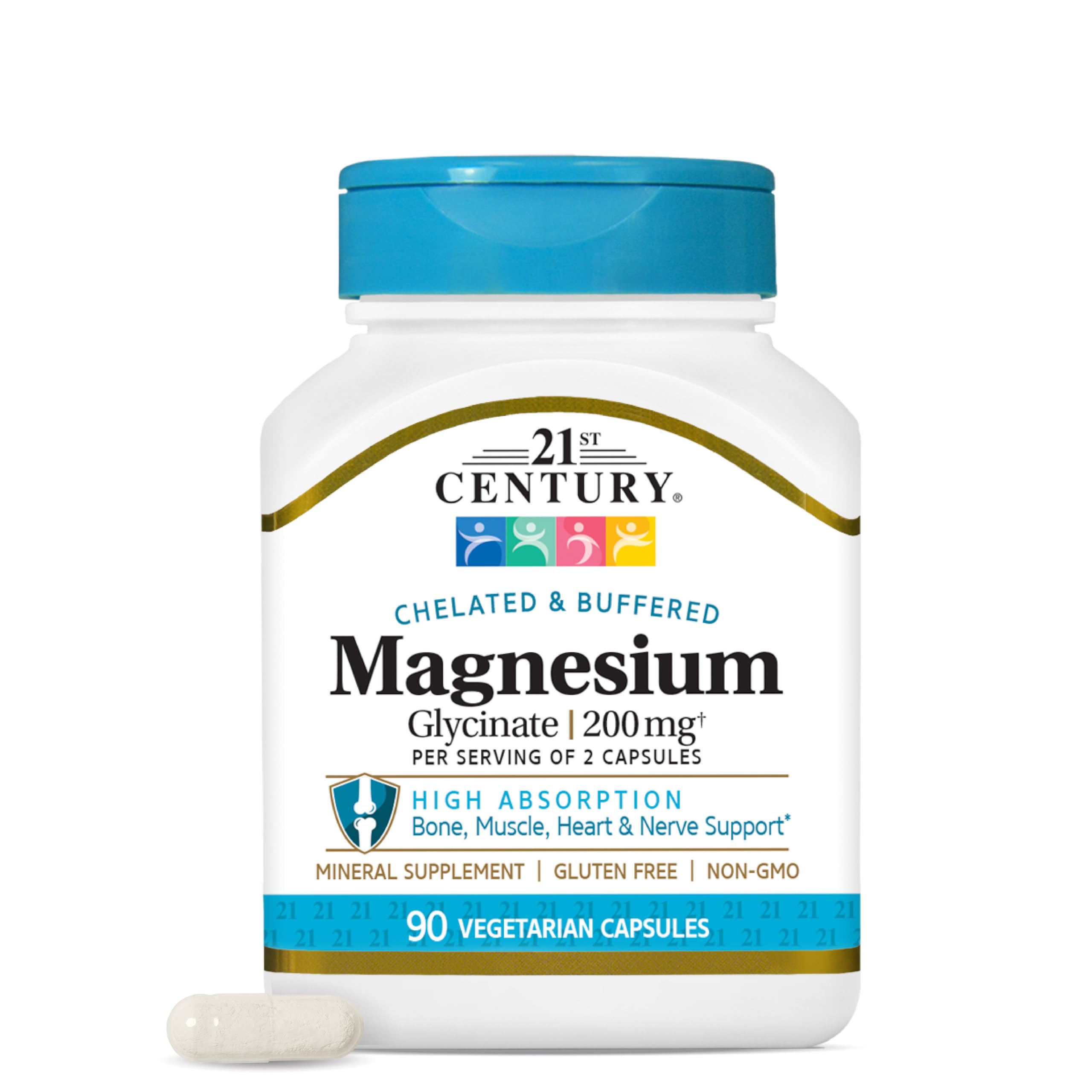21st Century Magnesium Glycinate 200mg Capsules, Gentle Chelated, 90ct Unflavored 90 Count (Pack of 1)