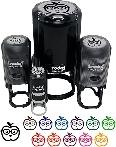 Lindo sello de tinta Kawaii Smart de Apple Smart con anteojos, sello de goma autoentintado para sellar planificadores de manualidades, 1 pulgada