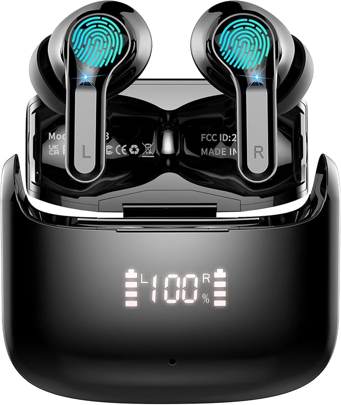 Wireless Earbuds, Bluetooth 5.3 Headphones 2025 NEW Ear Buds 40H Bass Stereo in-Ear Earphones ENC Noise Cancelling Earbuds with 4 HD Mic, USB-C LED Display IP7 Waterproof Sport Headset for Android iOS