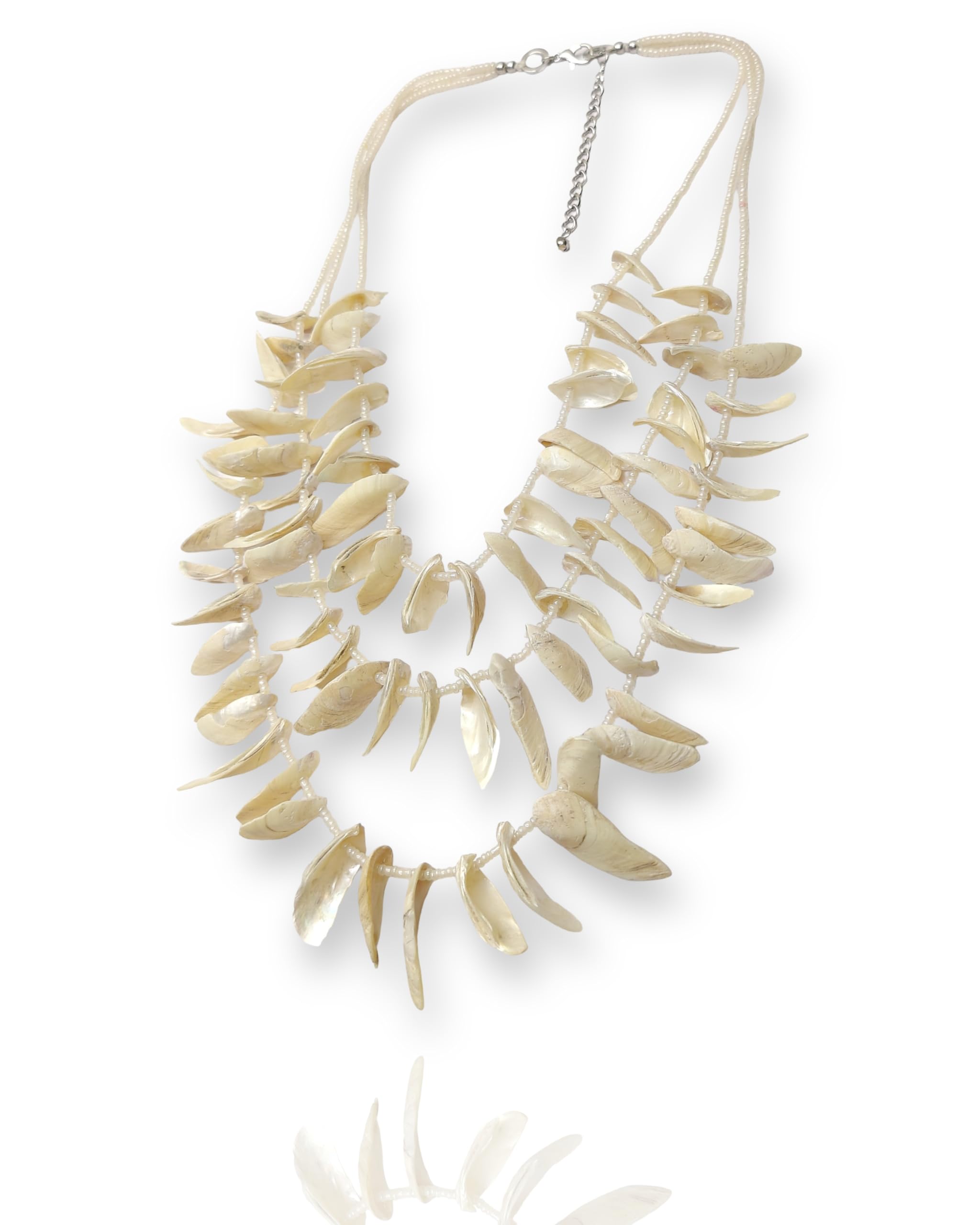 Natural Shell Statement Necklace, Multi-Row Design, Cream White, Adjustable Chain-image-42