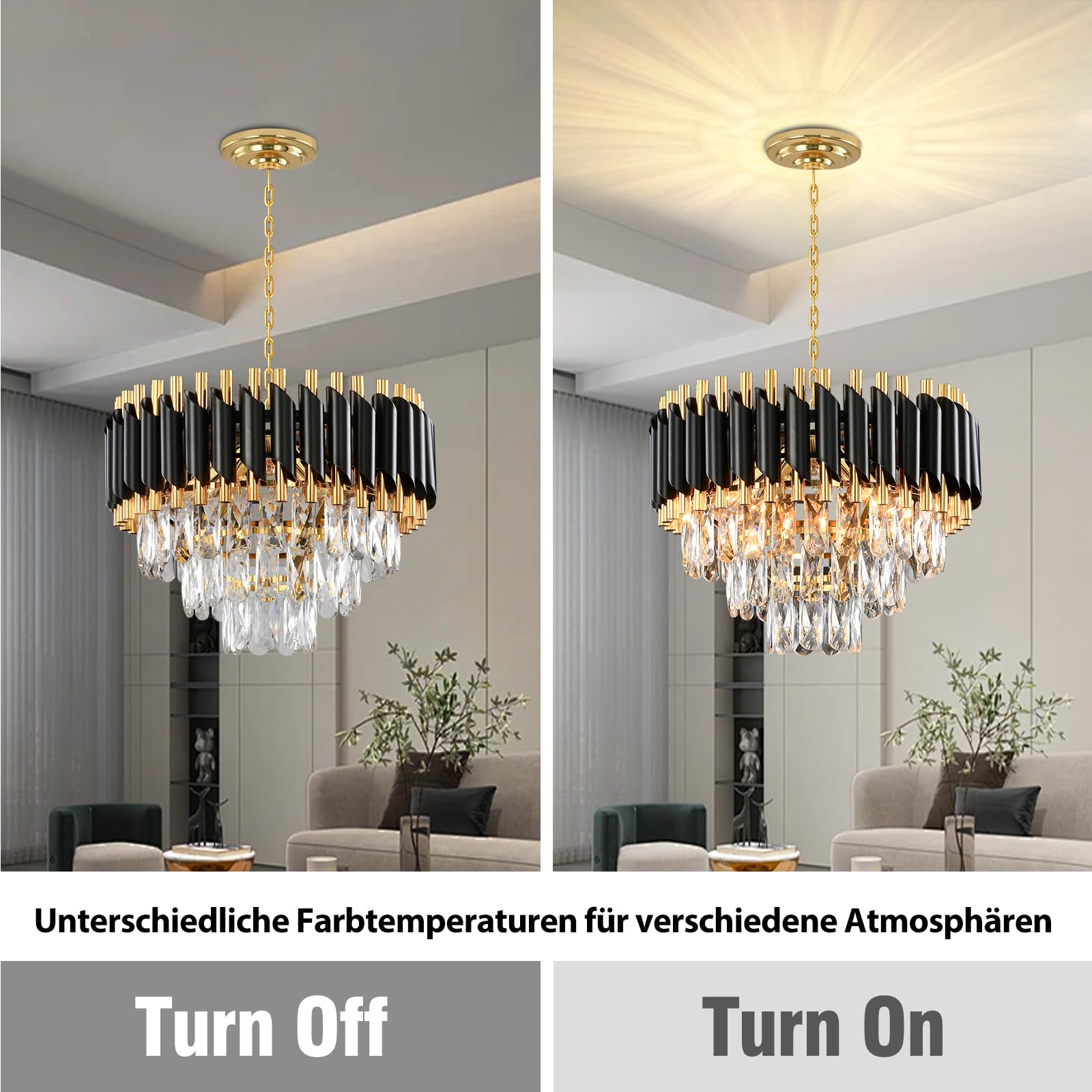 Lámpara de Araña de Cristal Moderna, Negro y Dorado Ronda de cristal colgante de iluminación, 3-Tier Raindrop Chandelier Light Fixture para la sala de estar, comedor, dormitorio, E14 x 5, D40cm