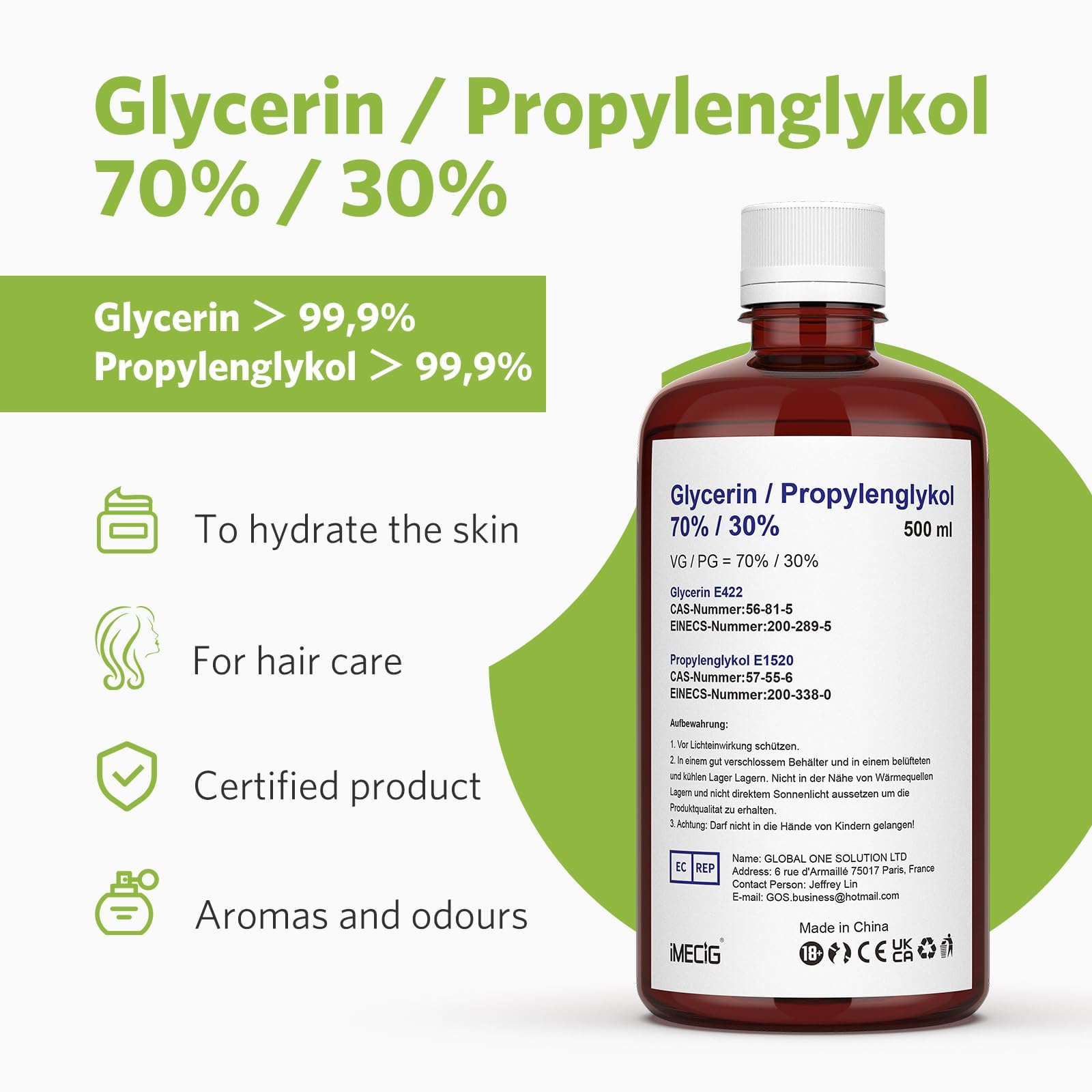 IMECIG 2 x 500ml 70% VG Glycerin/ 30% PG Propylenglykol, rein pflanzlich, 0% Zusatzstoffe, hochwertige Qualität Glycerin Propylenglykol