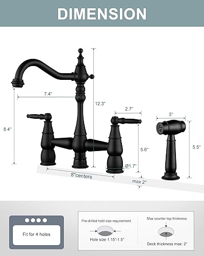 Miniatura 6 de ALEASHA Grifo de cocina con rociador lateral, 4 agujeros de latón para cocina, juego central de 2 manijas, grifo vintage de 8 pulgadas para