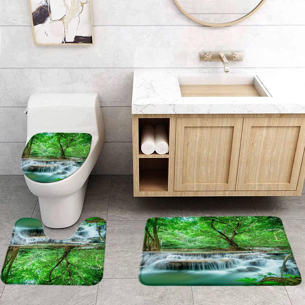 Waterfall 3 Pcs Bath Rugs Set,Green Forest Tropical Jungle Tree Plant Lake Mossy Rocks Seasonal Nature Landscape Bathroom Kitchen Rug with 17.8