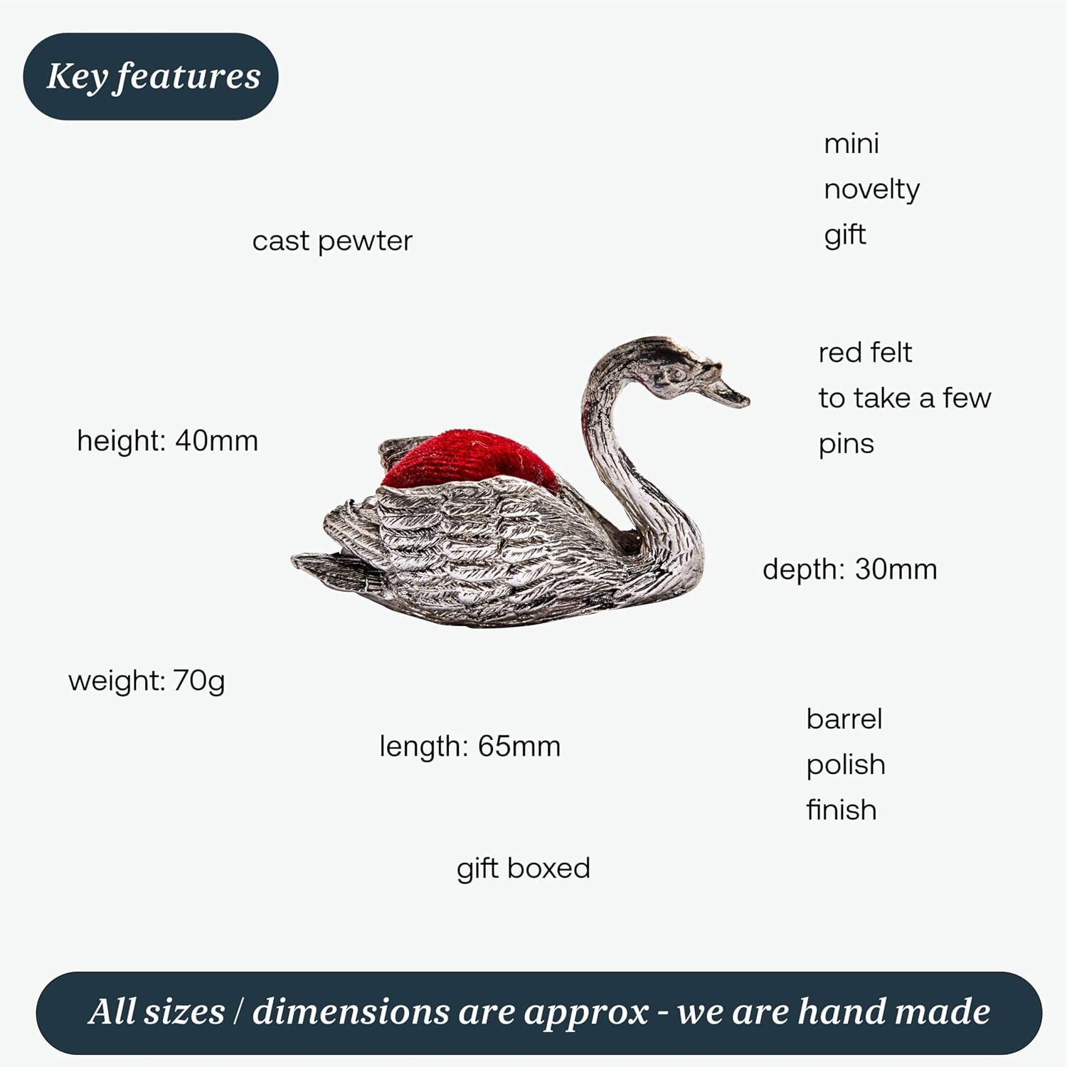 Wentworth Pewter - Swan Pewter Pincushion - 55mm x 40mm x 25mm