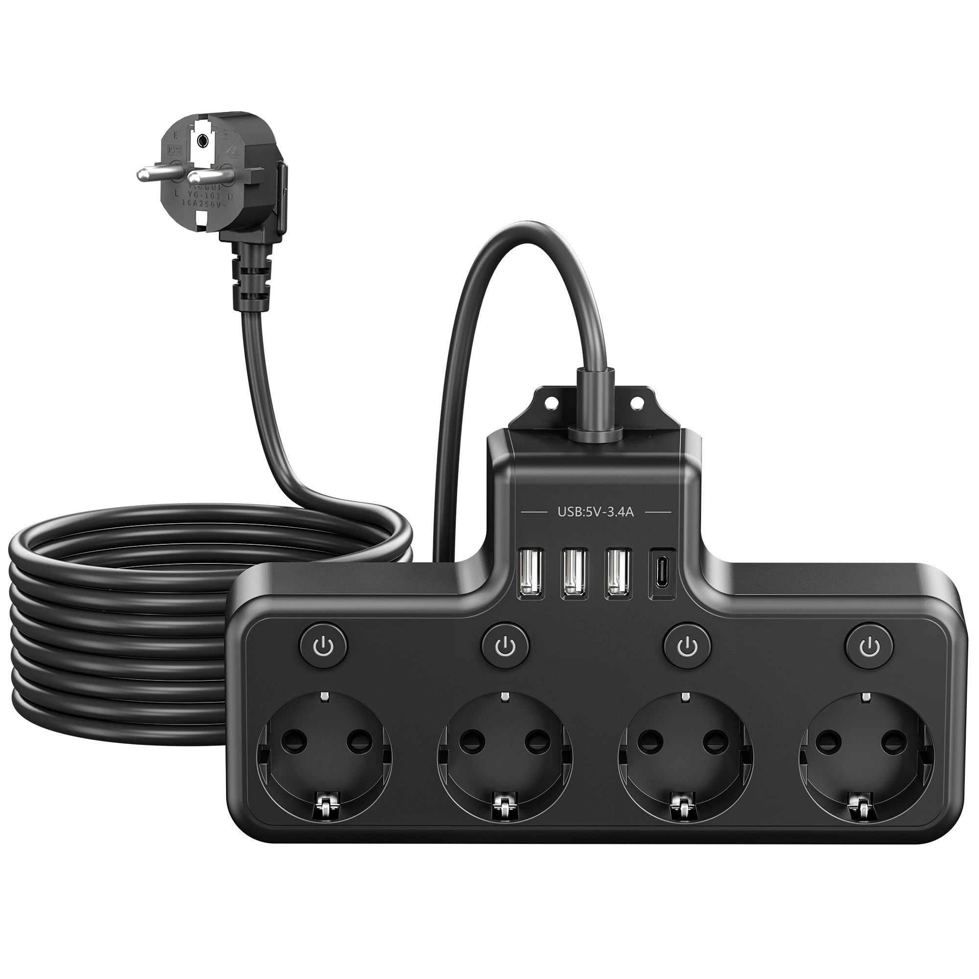 Multiprise 4 prises et 3 ports USB + 1 port USB-C, idéale pour bureau et maison, avec port USB-C et USB