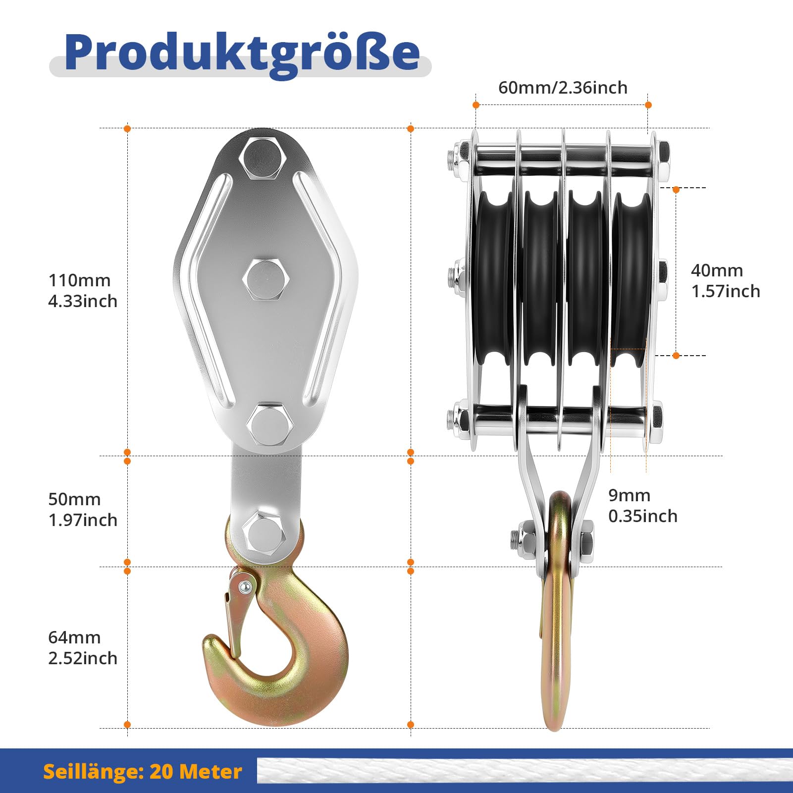 Flaschenzug Schwerlast, Flaschenzug mit Seilbremse Maximale Kapazität 4000LB Max Arbeitssparender Flaschenzug mit Haken&20m Nylon, bis 2,5 m Hubhöhe, Flaschenzug für Industrielle,Garagen, Lagerhallen