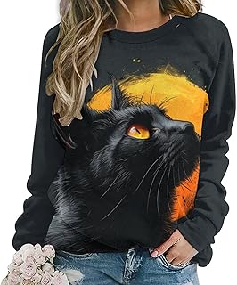 Black Cat Y2K Sudaderas para mujer, otoño, casual, lindo, estampado floral, camisetas de manga larga, camisetas de gran tamaño