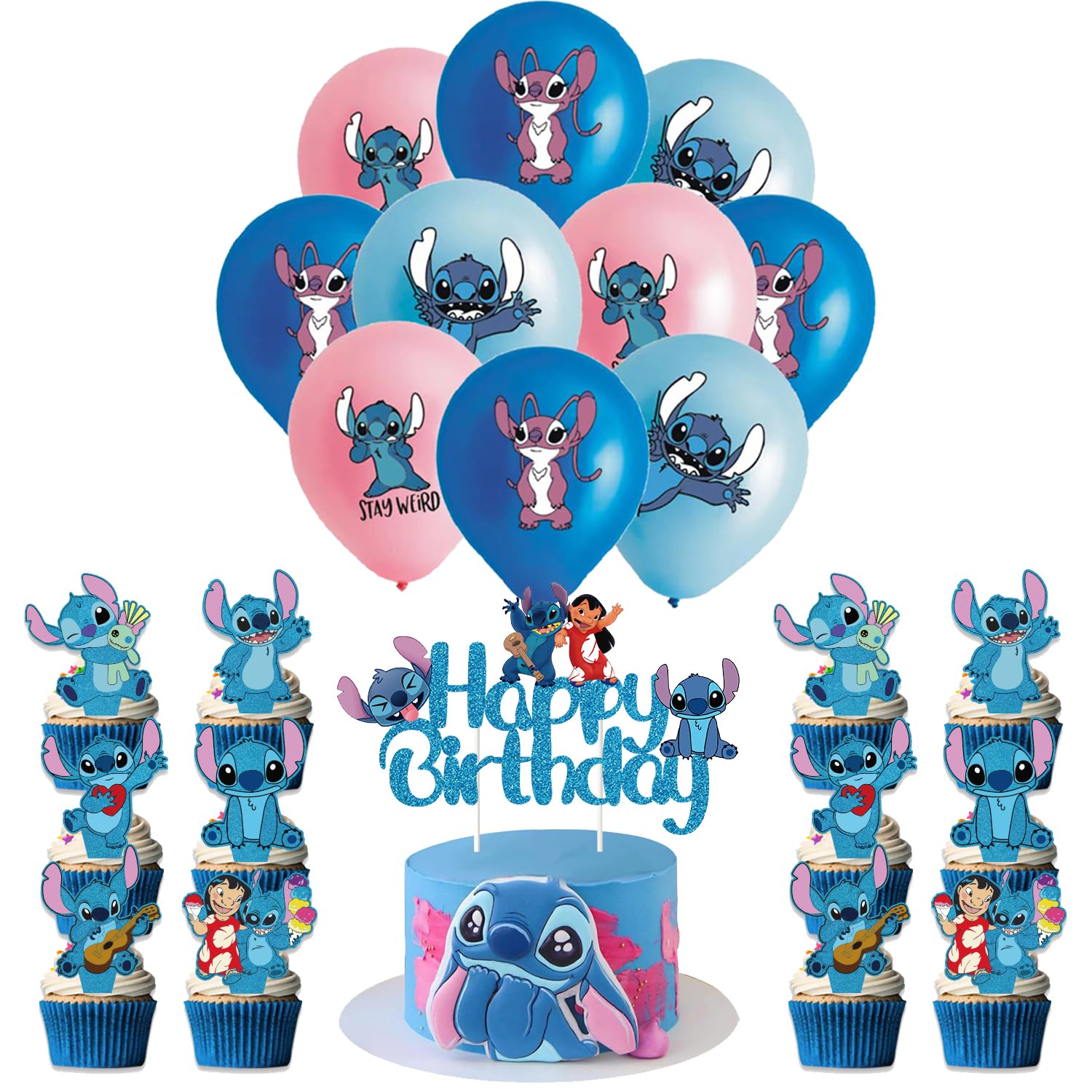 Stich Birthday Decorations, 43PCS Stich Birthday Party Supplies, Include, Latex Balloons, Cake Toppers, Cupcake Toppers
