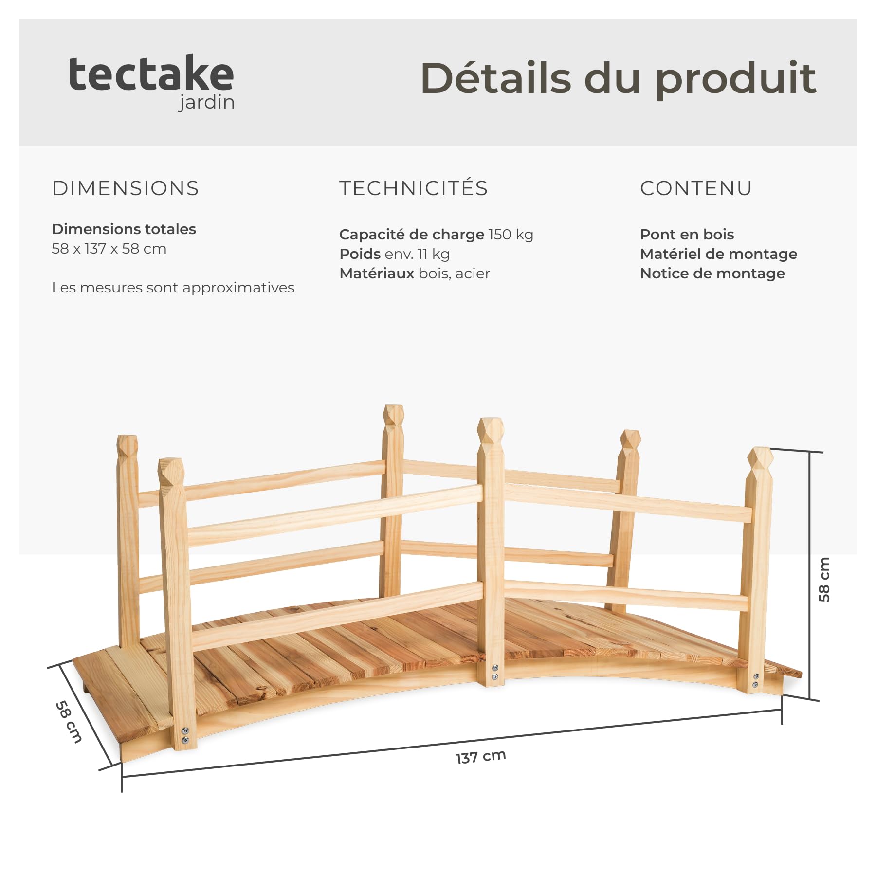 tectake® Pont de Jardin, 137 x 58 x 58 cm, en Bois de Pin avec Balustrade, Capacité de Charge 150 Kg, Pont décoratif Decoration Jardin, Decoration Exterieur, Idéal Bassin Exterieur, fossé, ruisseaux