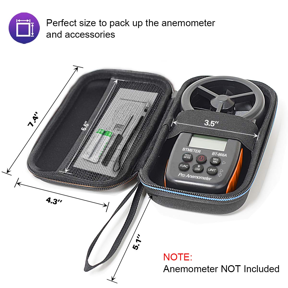 The BTMETER hard travel case opened, showing an anemometer and accessories inside, with dimensions labeled.