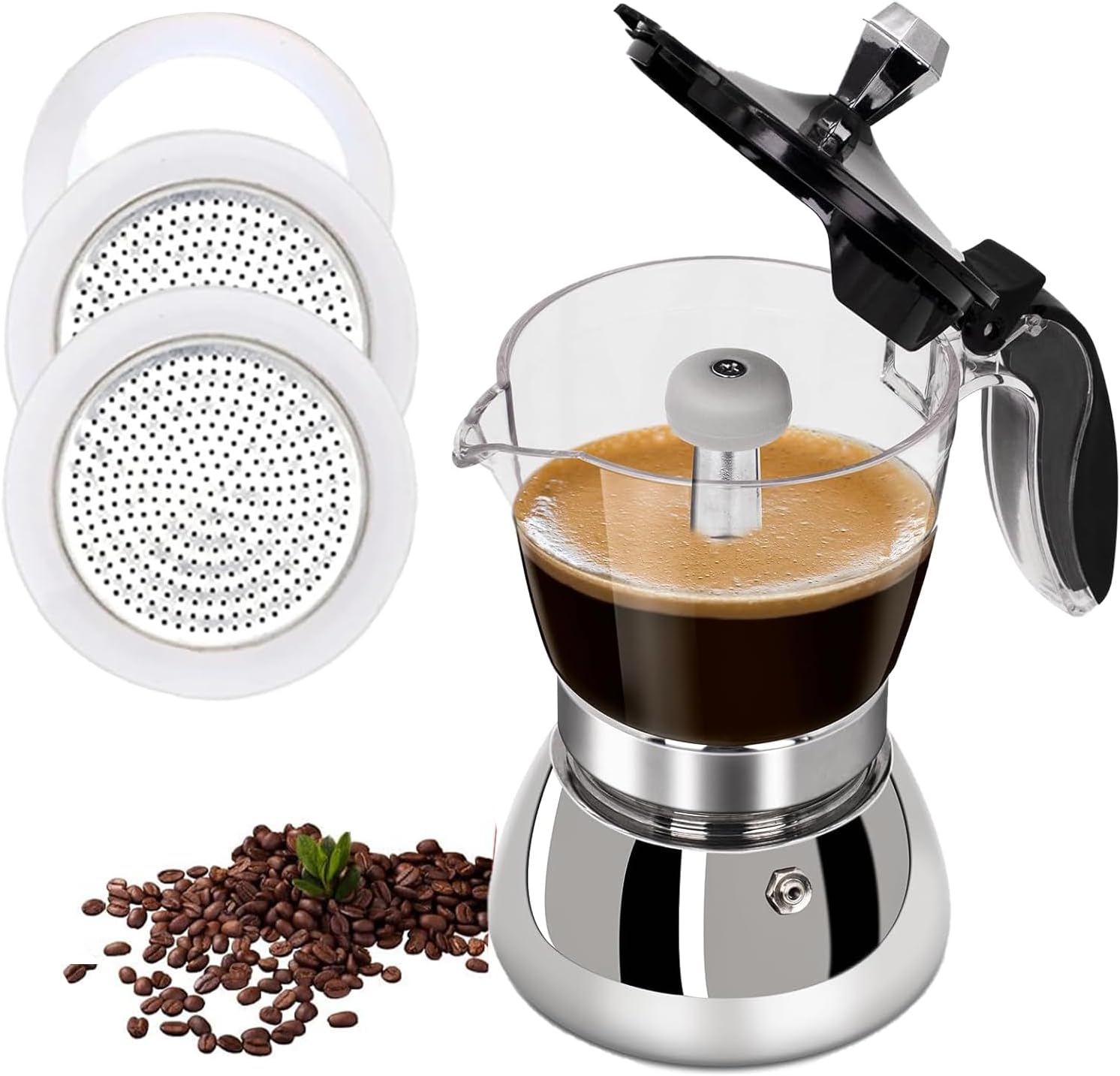 6 Cup Plastic Transparent Moka Pot 430 Stainless Steel Stovetop Espresso Maker with 2 Pcs Filter and 3 Pcs Silicone Gasket Seals