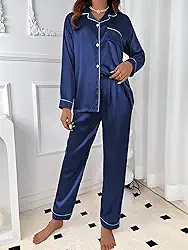 Conjunto de pijama de cetim feminino, 2 peças, com blusa de manga comprida e calça de seda, roupa de dormir para viagem em casa