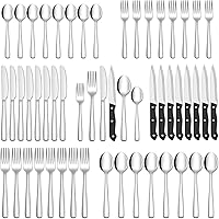 HIWARE 48-Piece Silverware Set with Steak Knives for 8 | 18/8 Stainless Steel Flatware, Mirror Polished, Dishwasher Safe