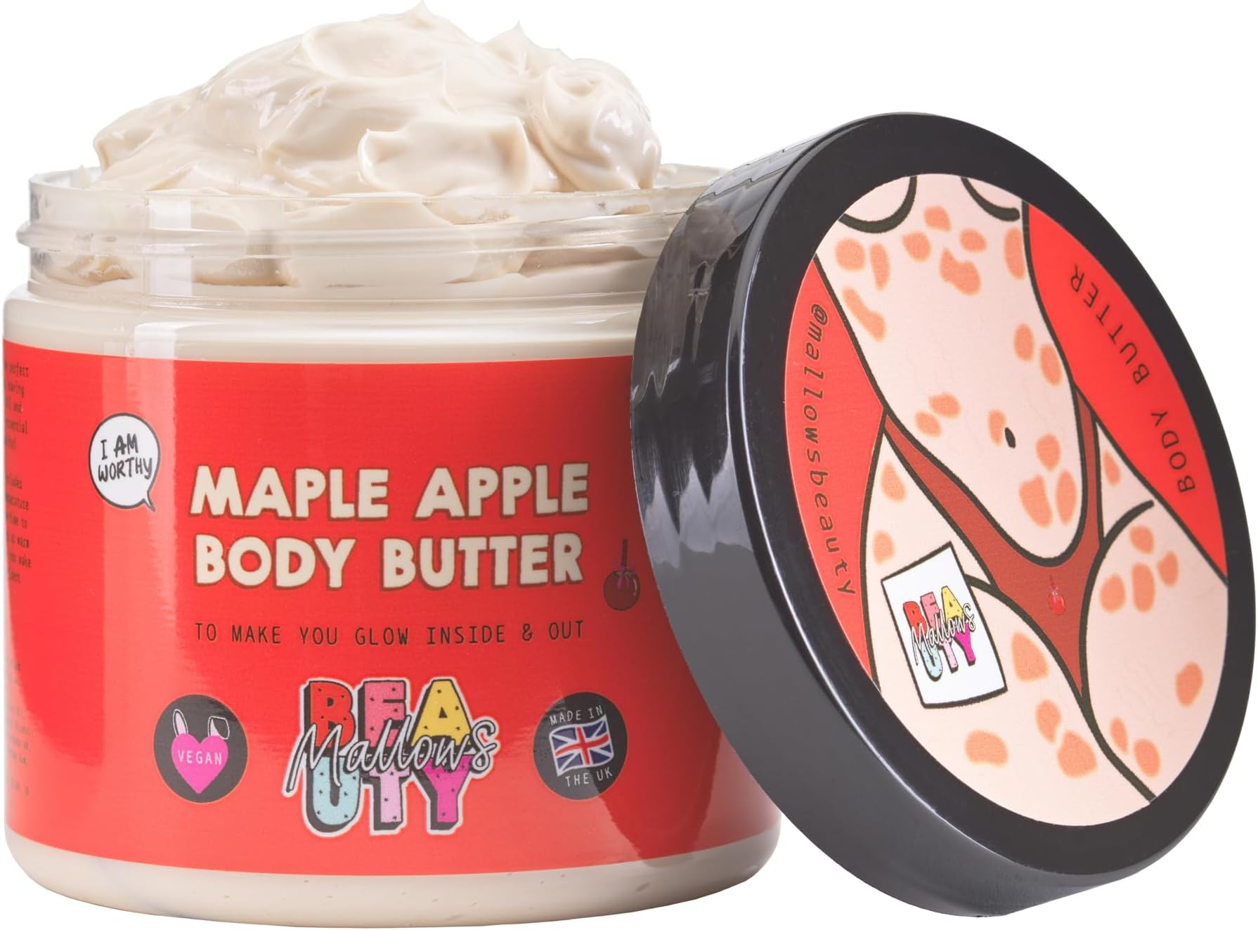 Mallows Beauty Body Butter Maple Apple 200 ml Shea Body Butter Simple Hydrating Light Moisturiser Deeply Nourishes and Smooths Skin with Antioxidants for Radiance and Dryness Relief