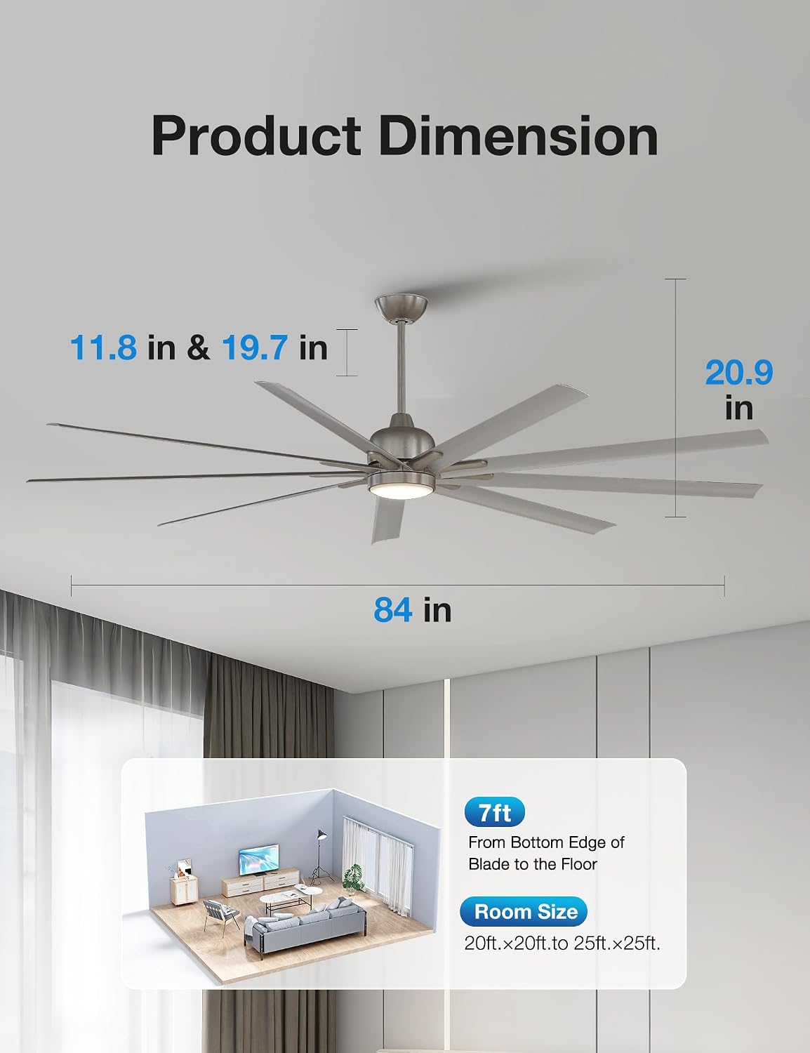 warmiplanet 84-Inch Large Ceiling Fan with Lights, Remote Control, 9-Blades Brushed Nickel, DC Motor Reversible, 6 Speeds, 3-Color Dimmable LED, Timer