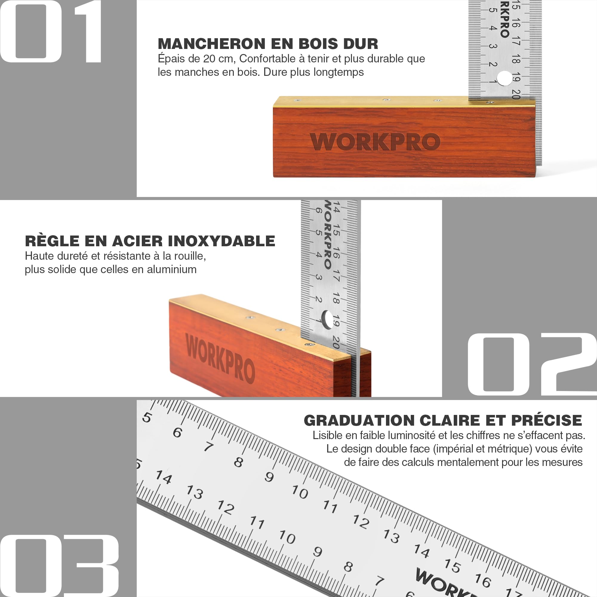 WORKPRO Jeu de 2 Equerres de Menuisier, Equerre 200 mm et Fausse Equerre 230 mm avec Lame en Acier Inoxydable et Manche en Bois Rouge Idéal pour Menuisier, Charpentier et Travail du Bois | Equerre 200 mm et Fausse Equerre 230 mm avec Lame en Acier Inoxyda