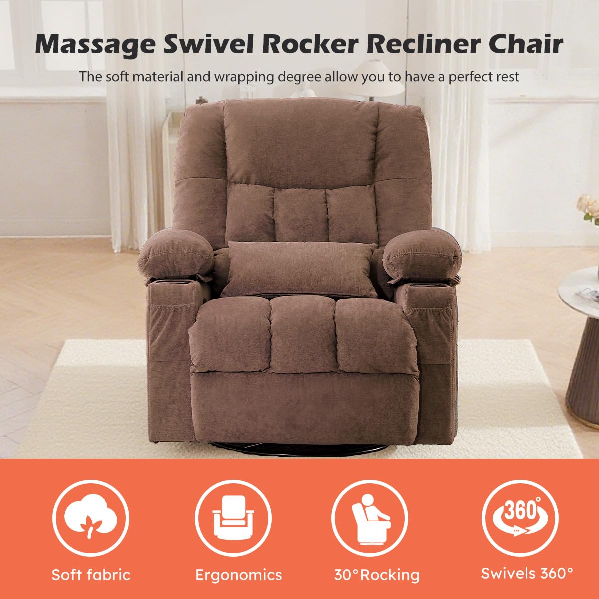MAHOMICO Recliner Chair with Cup Holders for Living Room Single Seat Manual Oversized Recliner with Ergonomic, Side Pocket for Adult view 3