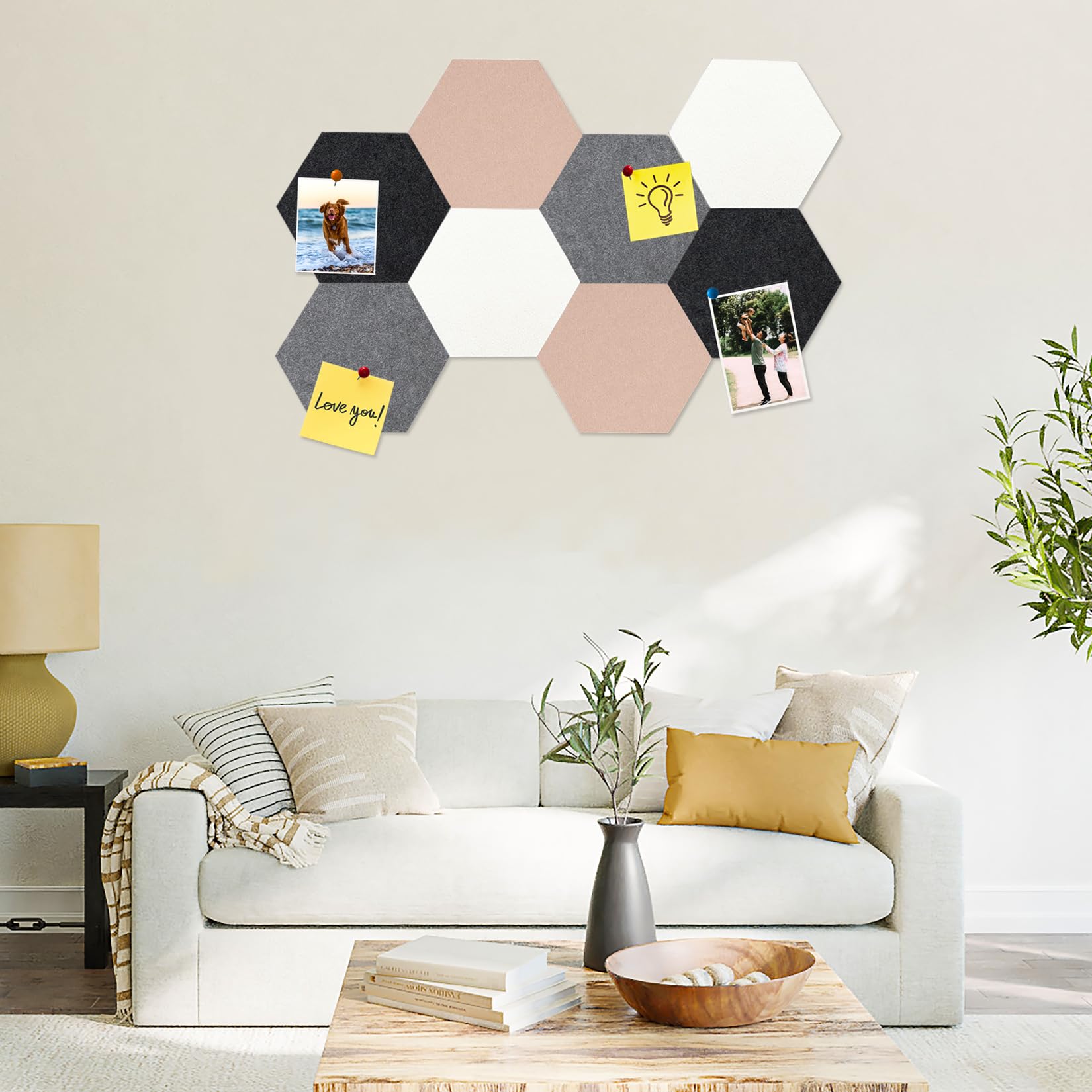 Lot de 8 dalles hexagonales en feutre et liège, autocollantes, pour tableau d'affichage, bureau, école, maison, décoration murale, autocollants, mémos, photos(Camel et Gris)