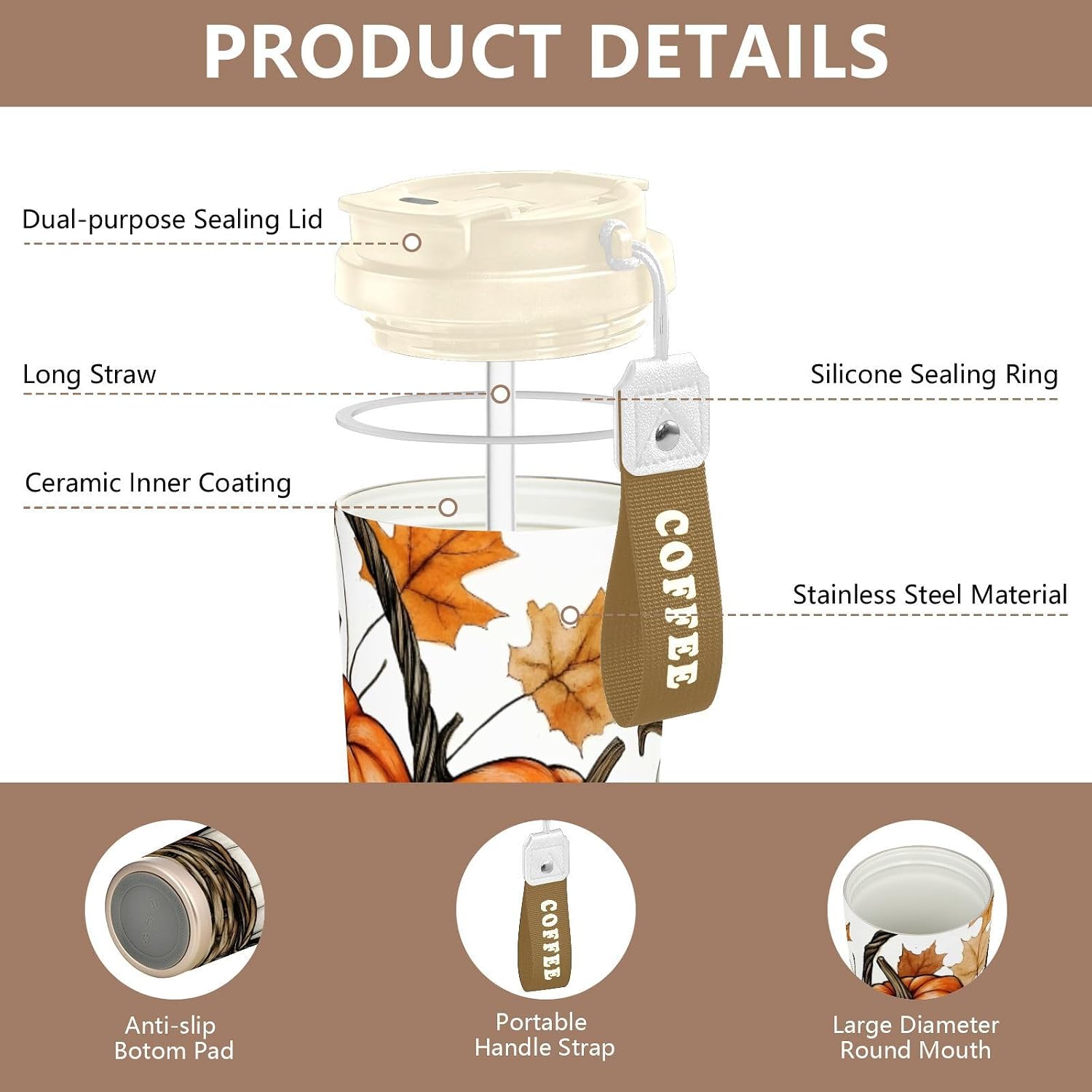 Harvest Pumpkins Autumn Insulated Coffee Mug with Straw & Flip Lid, 16.9oz Iced Tumbler Cup, Double Wall Vacuum Leak-Proof Mug for Travel Office