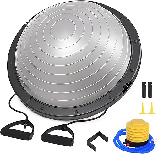 Half Balance Ball Trainer, pelota de estabilidad de 26 pulgadas con bandas de resistencia, pelota de ejercicio con bomba de pie, color gris