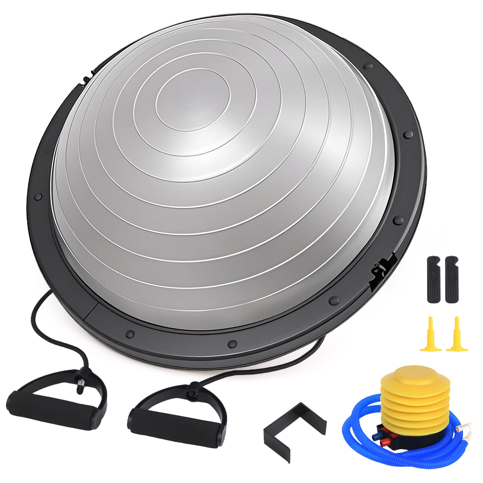 Half Balance Ball Trainer, 66 cm Stabilitätsball mit Widerstandsbändern, Gymnastikball mit Fußpumpe, Grau