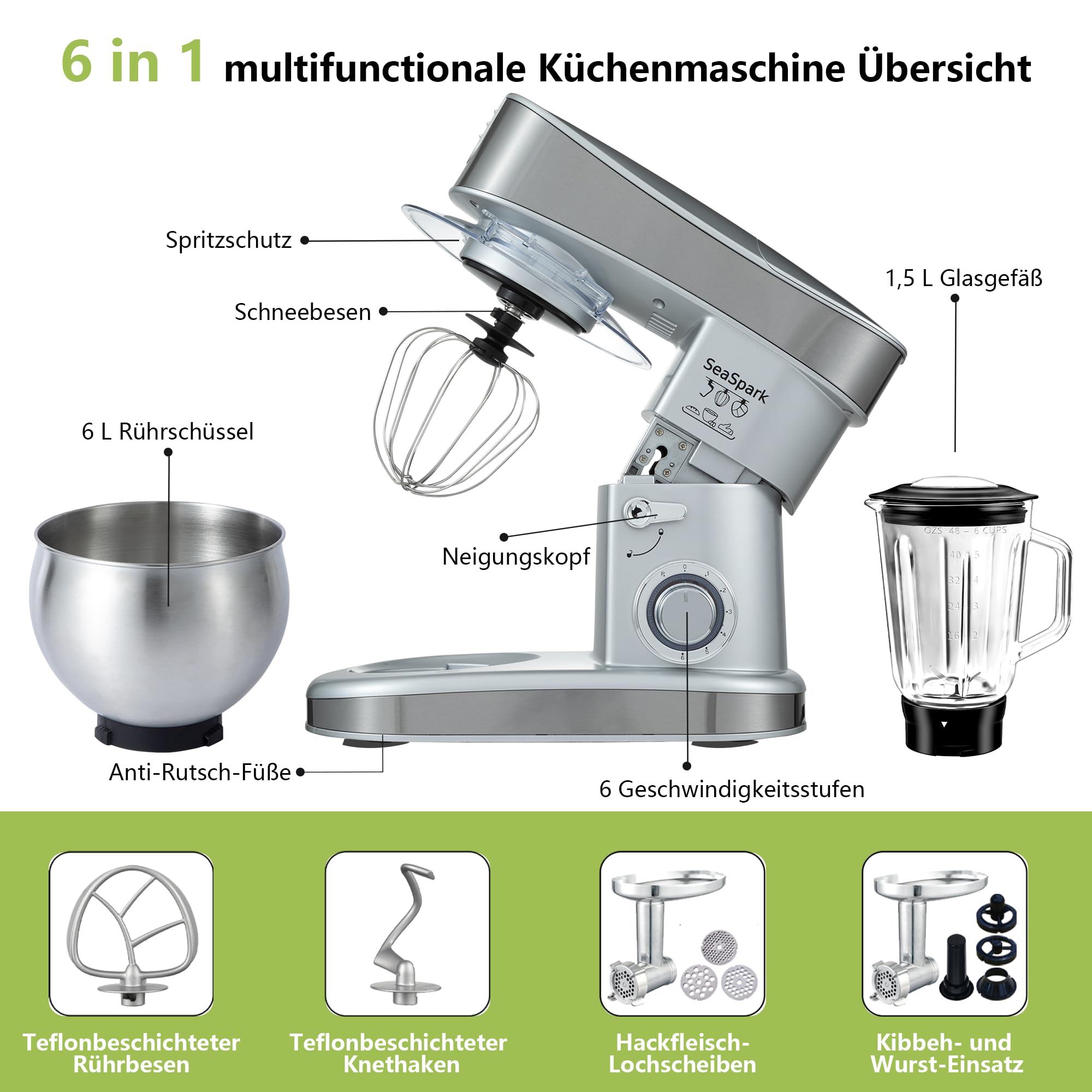 Küchenmaschine, 6 L Knetmaschine 1200W, 6 Geschwindigkeits Küchenmaschine, Teigmaschine mit Rührhaken, Knethaken, Schneebesen und Spritzschutz, Silber