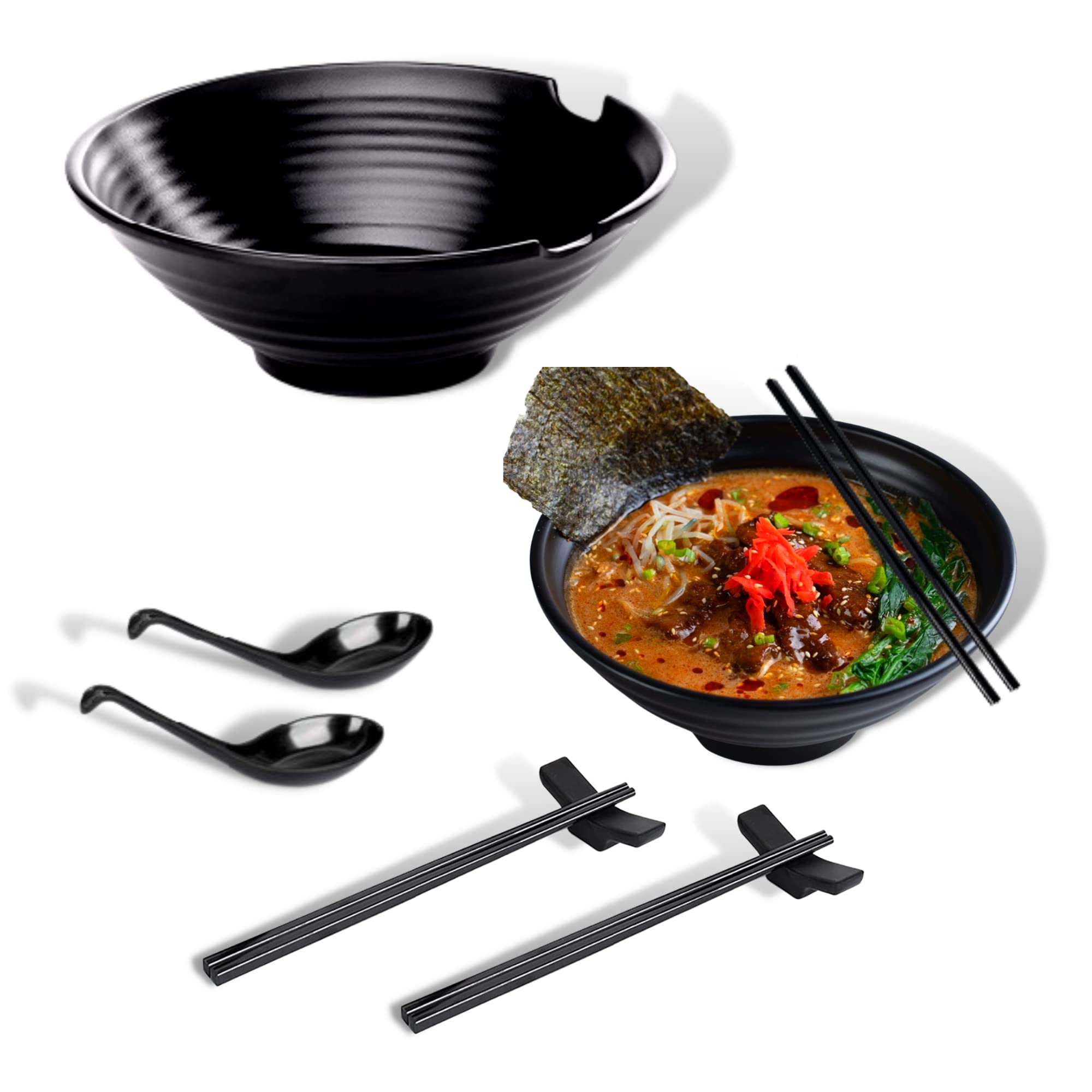 Faz Goods Ramen Bowl Set of 2 with Chopsticks,42 OZ(Black) Ramen Bowl Set, Large Melamine Bowls Spoons, Noodle Bowls Set with Chopsticks, Japanese Bowl, Pho Bowls and Spoons Set, Asian Soup Bowl