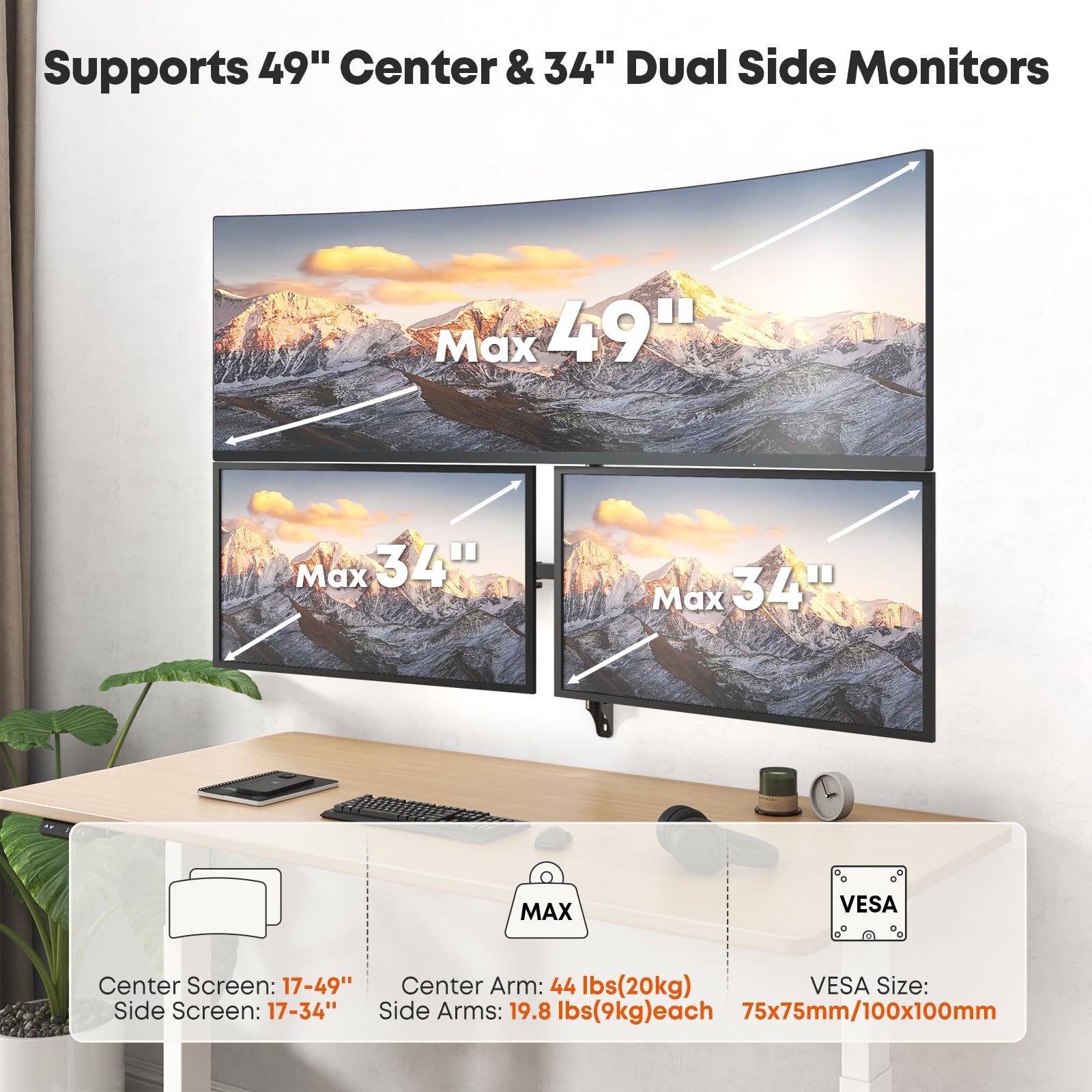 Support Mural Triple Écran 49" VESA 75/100 Noir