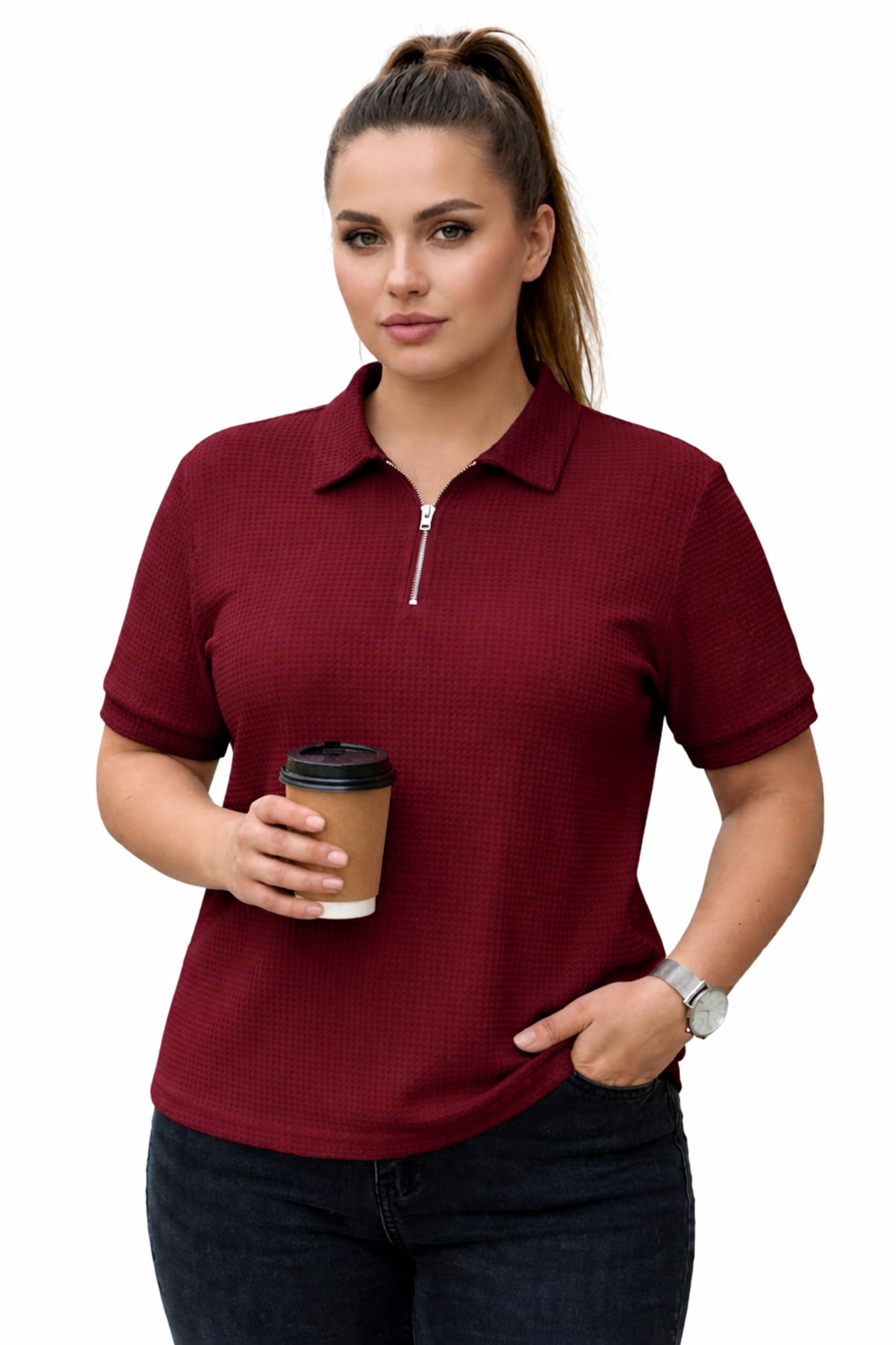 chozi Women Polyester Regular Fit Polo T-Shirt with Short Sleeve and Zipper Waffle Self Design-picture-22