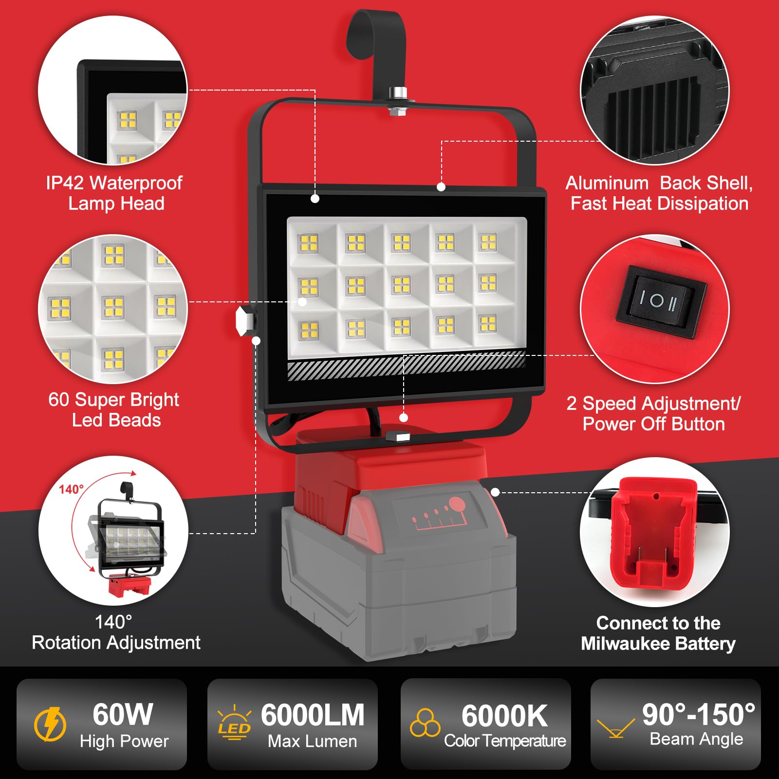 Proyector LED recargable de 60 W, 4500 lm, para batería Milwaukee 18 V